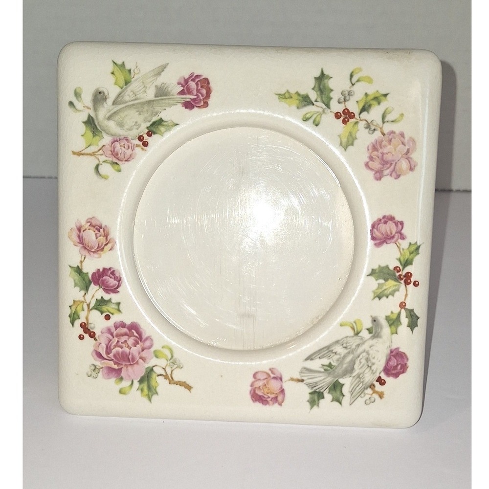 Vtg Cottage Core Ceramic Square Picture Frame White Doves Peonies Holly Japan